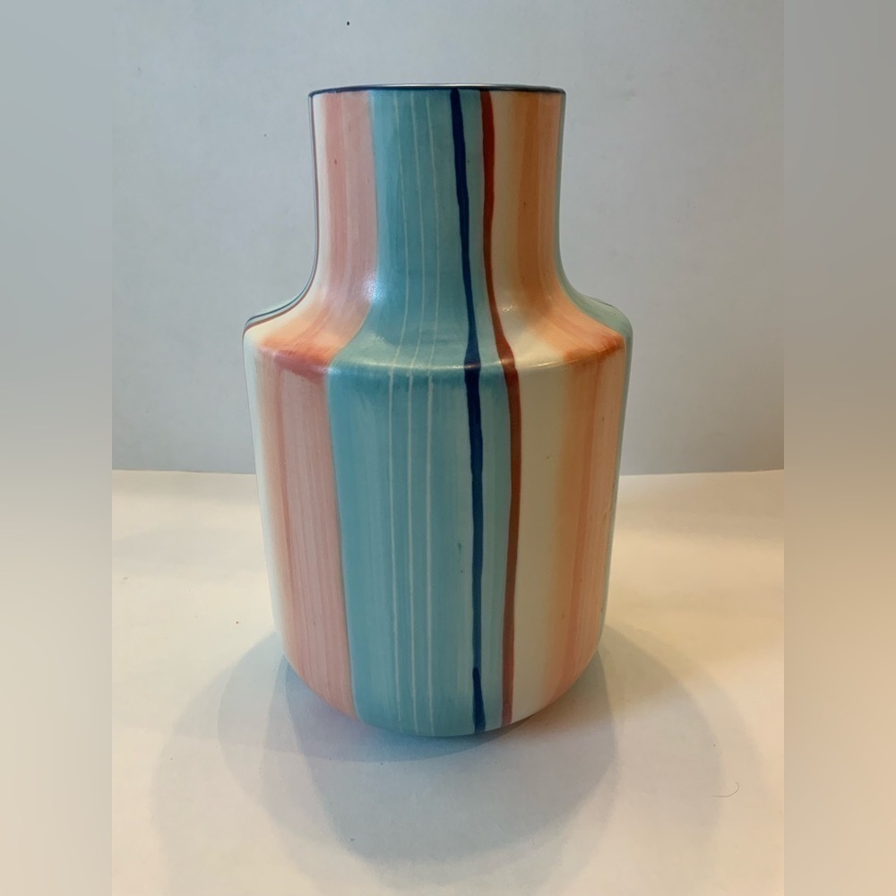 Modern Ceramic Hand Painted Matte Pink, Blue And White Lined Decorative Vase 6”H